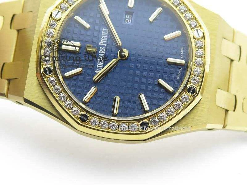 Lady Royal Oak 33mm 15000 YG JF 1:1 Best Edition Blue Textured Dial On YG Bracelet Ronda Quartz Youthful 10762