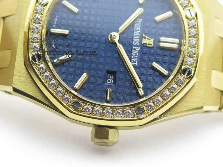 Lady Royal Oak 33mm 15000 YG JF 1:1 Best Edition Blue Textured Dial On YG Bracelet Ronda Quartz Youthful 10762