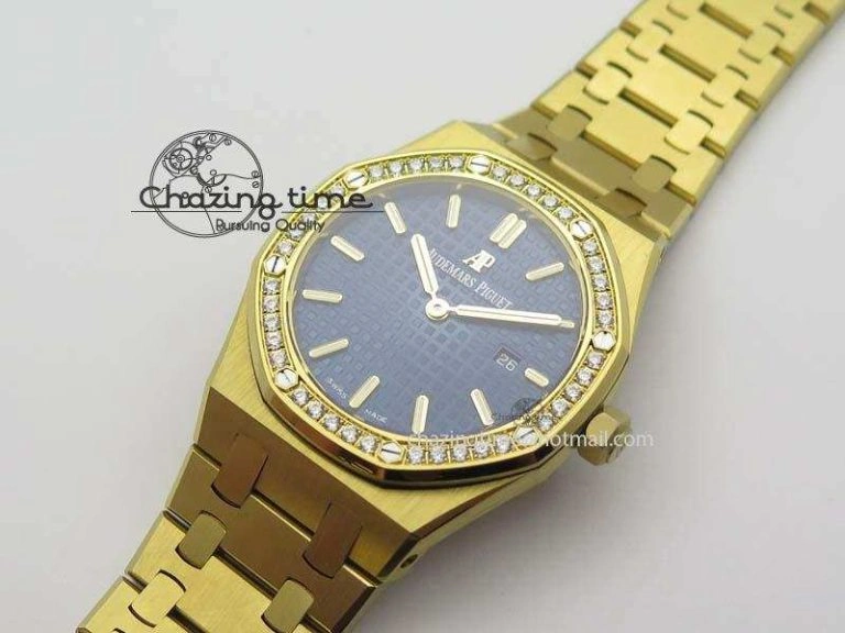 Lady Royal Oak 33mm 15000 YG JF 1:1 Best Edition Blue Textured Dial On YG Bracelet Ronda Quartz Youthful 10762