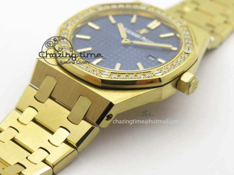 Lady Royal Oak 33mm 15000 YG JF 1:1 Best Edition Blue Textured Dial On YG Bracelet Ronda Quartz Youthful 10762