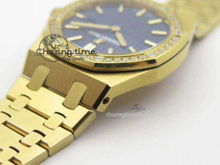 Lady Royal Oak 33mm 15000 YG JF 1:1 Best Edition Blue Textured Dial On YG Bracelet Ronda Quartz Youthful 10762