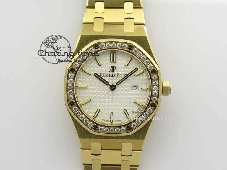 Affordable Lady Royal Oak 33mm 15000 YG JF 1:1 Best Edition White Textured Dial On YG Bracelet Ronda Quartz 10763