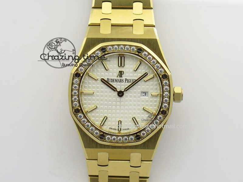 Bold Lady Royal Oak 33mm 15000 YG JF 1:1 Best Edition White Textured Dial On YG Bracelet Ronda Quartz 5035