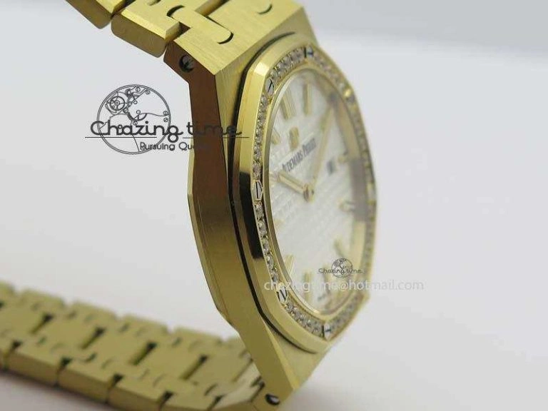 Bold Lady Royal Oak 33mm 15000 YG JF 1:1 Best Edition White Textured Dial On YG Bracelet Ronda Quartz 5035