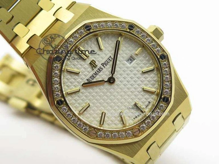 Bold Lady Royal Oak 33mm 15000 YG JF 1:1 Best Edition White Textured Dial On YG Bracelet Ronda Quartz 5035