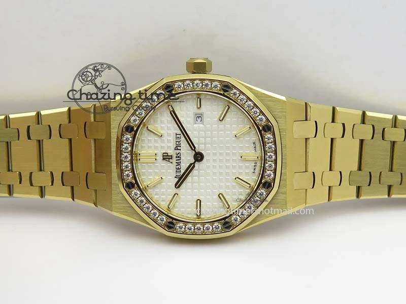 Bold Lady Royal Oak 33mm 15000 YG JF 1:1 Best Edition White Textured Dial On YG Bracelet Ronda Quartz 5035
