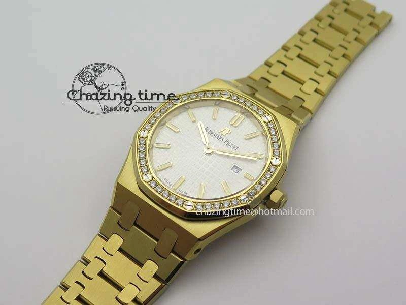 Bold Lady Royal Oak 33mm 15000 YG JF 1:1 Best Edition White Textured Dial On YG Bracelet Ronda Quartz 5035