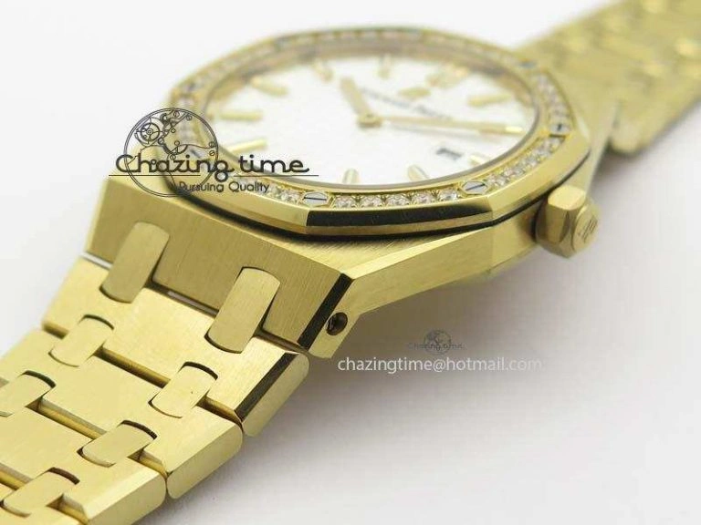 Bold Lady Royal Oak 33mm 15000 YG JF 1:1 Best Edition White Textured Dial On YG Bracelet Ronda Quartz 5035