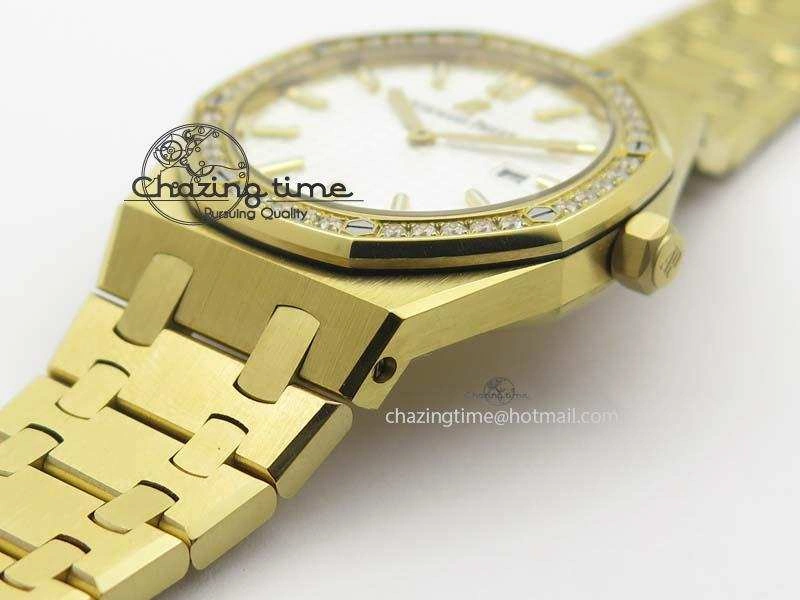 Bold Lady Royal Oak 33mm 15000 YG JF 1:1 Best Edition White Textured Dial On YG Bracelet Ronda Quartz 5035