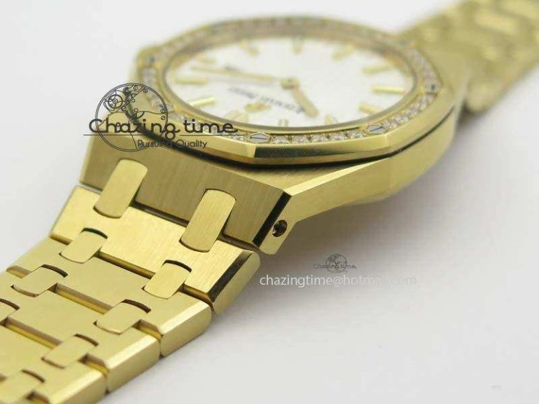 Bold Lady Royal Oak 33mm 15000 YG JF 1:1 Best Edition White Textured Dial On YG Bracelet Ronda Quartz 5035