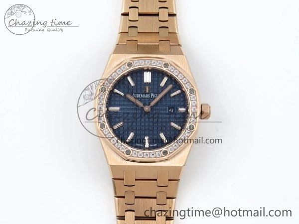 Lady Royal Oak 33mm 67651 Diamonds Bezel RG ZF 1:1 Best Edition Blue Textured Dial on RG Bracelet RONDA Quartz Flexible 10082