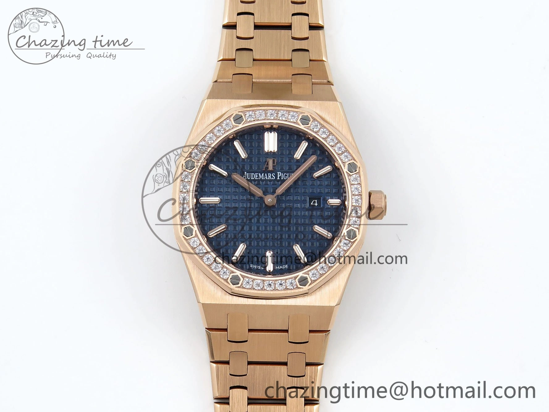 Lady Royal Oak 33mm 67651 Diamonds Bezel RG ZF 1:1 Best Edition Blue Textured Dial on RG Bracelet RONDA Quartz Flexible 10082