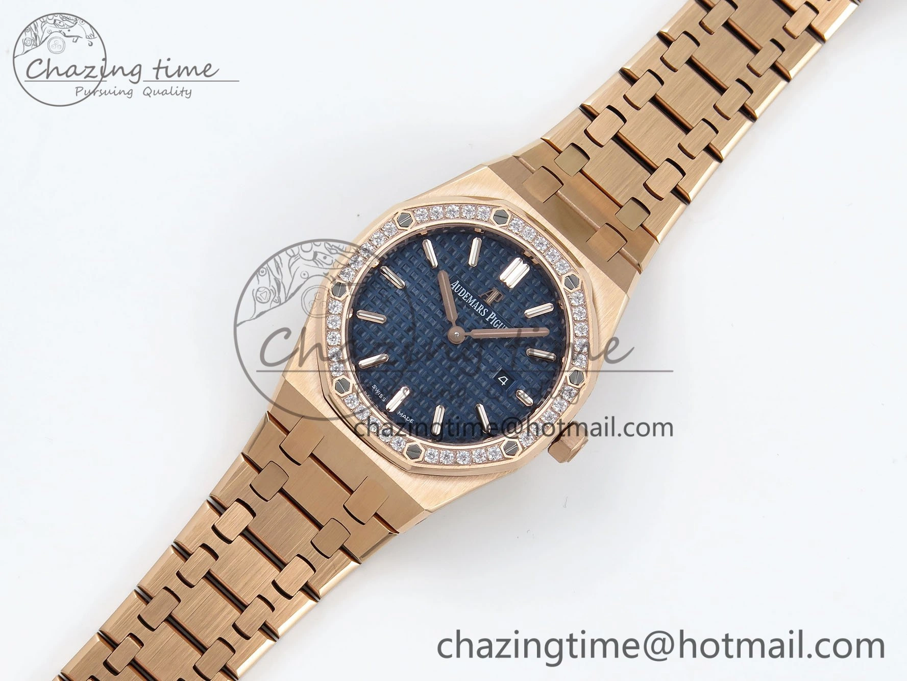 Lady Royal Oak 33mm 67651 Diamonds Bezel RG ZF 1:1 Best Edition Blue Textured Dial on RG Bracelet RONDA Quartz Flexible 10082