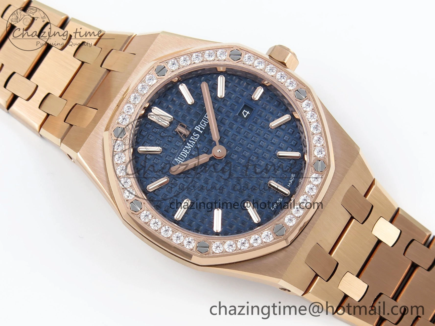 Lady Royal Oak 33mm 67651 Diamonds Bezel RG ZF 1:1 Best Edition Blue Textured Dial on RG Bracelet RONDA Quartz Flexible 10082