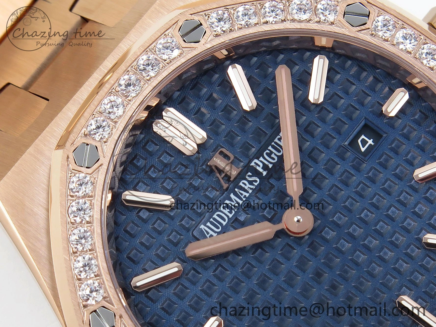Lady Royal Oak 33mm 67651 Diamonds Bezel RG ZF 1:1 Best Edition Blue Textured Dial on RG Bracelet RONDA Quartz Flexible 10082