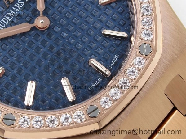 Lady Royal Oak 33mm 67651 Diamonds Bezel RG ZF 1:1 Best Edition Blue Textured Dial on RG Bracelet RONDA Quartz Flexible 10082