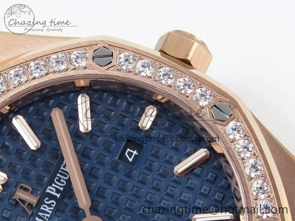 Lady Royal Oak 33mm 67651 Diamonds Bezel RG ZF 1:1 Best Edition Blue Textured Dial on RG Bracelet RONDA Quartz Flexible 10082