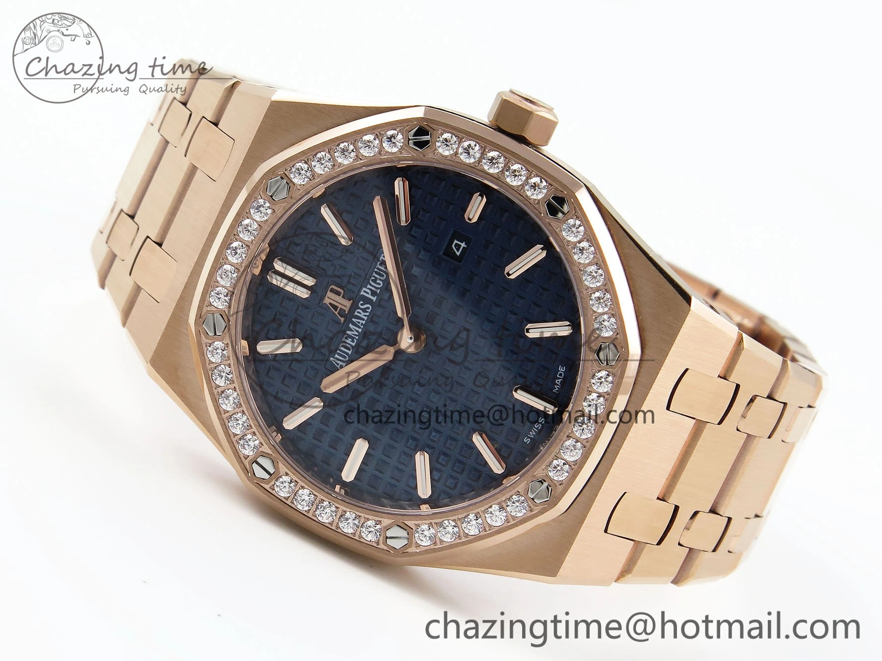 Lady Royal Oak 33mm 67651 Diamonds Bezel RG ZF 1:1 Best Edition Blue Textured Dial on RG Bracelet RONDA Quartz Flexible 10082