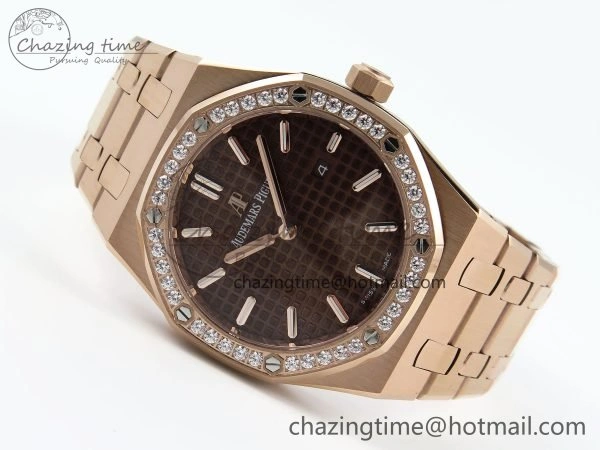 Lady Royal Oak 33mm 67651 Diamonds Bezel RG ZF 1:1 Best Edition Brown Textured Dial on RG Bracelet RONDA Quartz Durable 4469