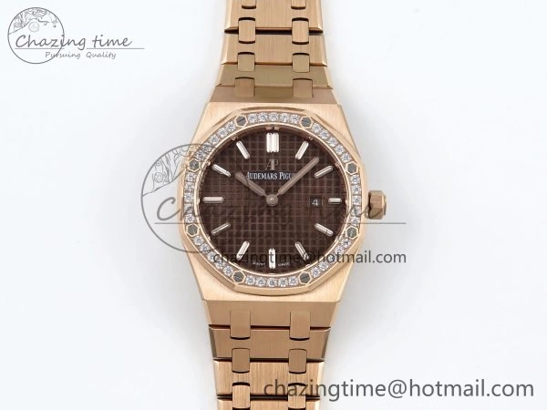 Lady Royal Oak 33mm 67651 Diamonds Bezel RG ZF 1:1 Best Edition Brown Textured Dial on RG Bracelet RONDA Quartz Durable 4469