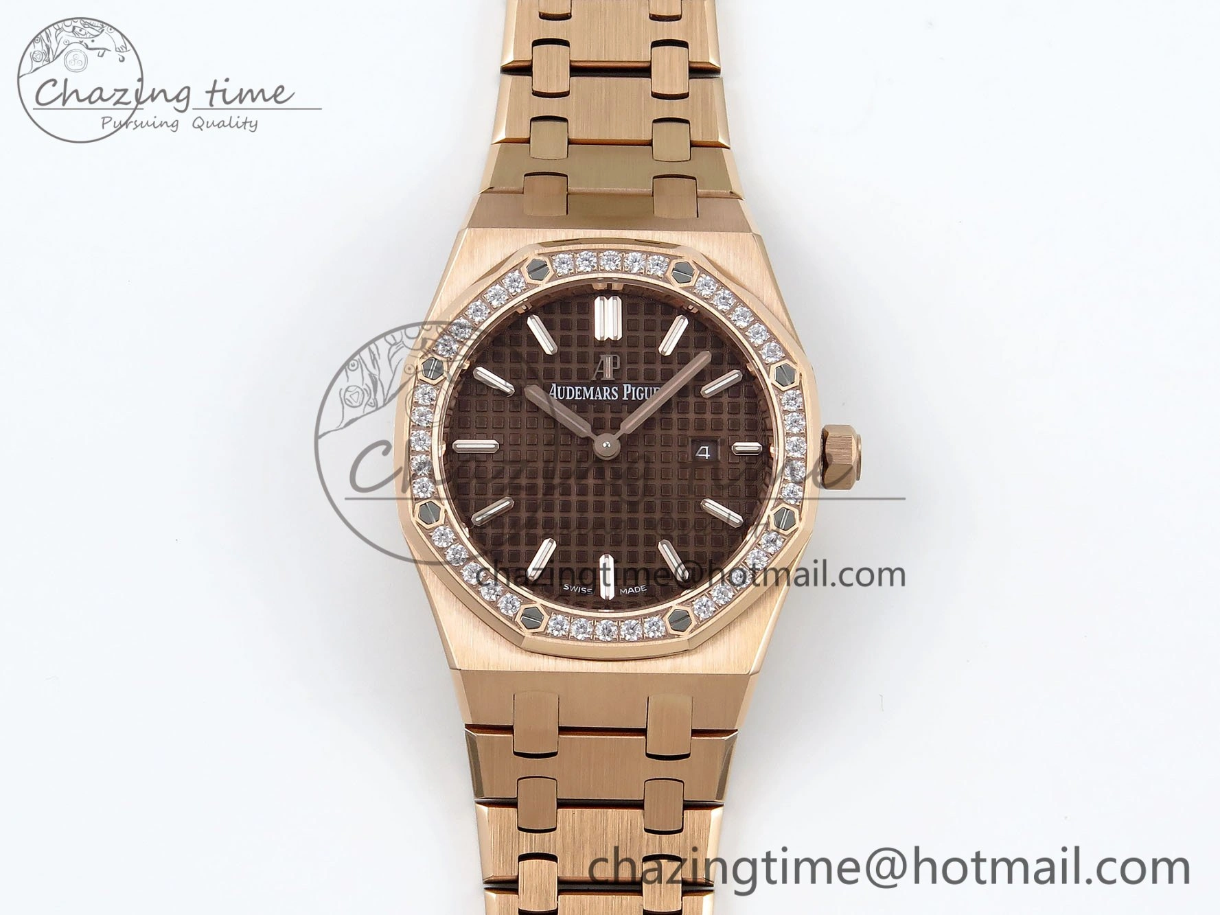 Lady Royal Oak 33mm 67651 Diamonds Bezel RG ZF 1:1 Best Edition Brown Textured Dial on RG Bracelet RONDA Quartz Durable 4469