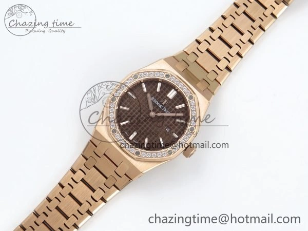 Lady Royal Oak 33mm 67651 Diamonds Bezel RG ZF 1:1 Best Edition Brown Textured Dial on RG Bracelet RONDA Quartz Durable 4469