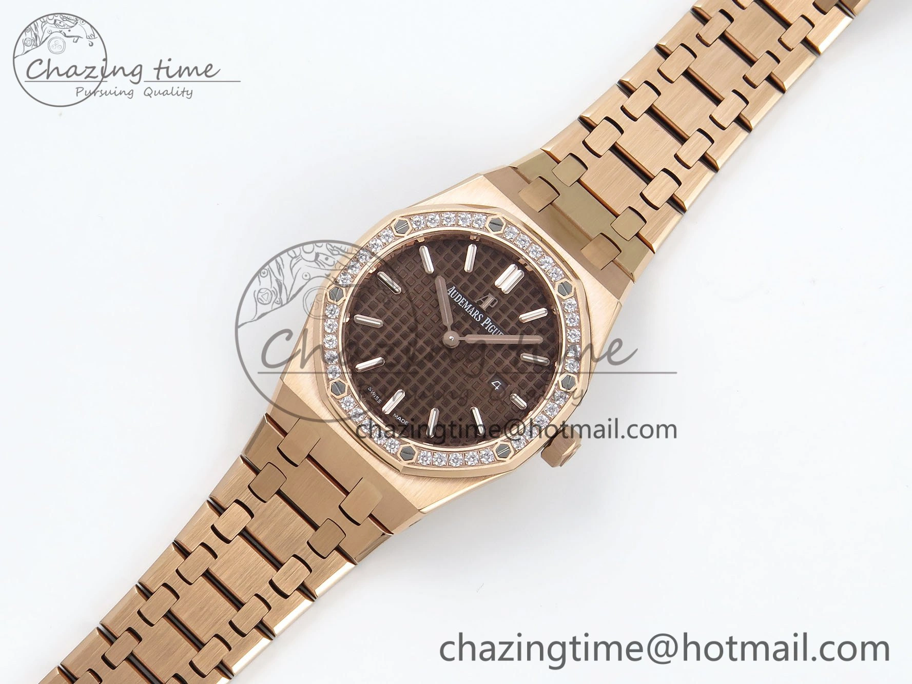 Lady Royal Oak 33mm 67651 Diamonds Bezel RG ZF 1:1 Best Edition Brown Textured Dial on RG Bracelet RONDA Quartz Durable 4469