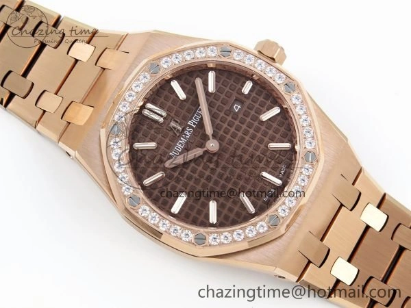 Lady Royal Oak 33mm 67651 Diamonds Bezel RG ZF 1:1 Best Edition Brown Textured Dial on RG Bracelet RONDA Quartz Durable 4469