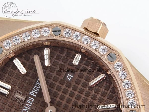 Lady Royal Oak 33mm 67651 Diamonds Bezel RG ZF 1:1 Best Edition Brown Textured Dial on RG Bracelet RONDA Quartz Durable 4469