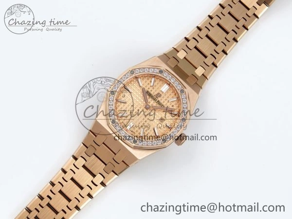 Lady Royal Oak 33mm 67651 Diamonds Bezel RG ZF 1:1 Best Edition RG Textured Dial on RG Bracelet RONDA Quartz WellDesigned 10085