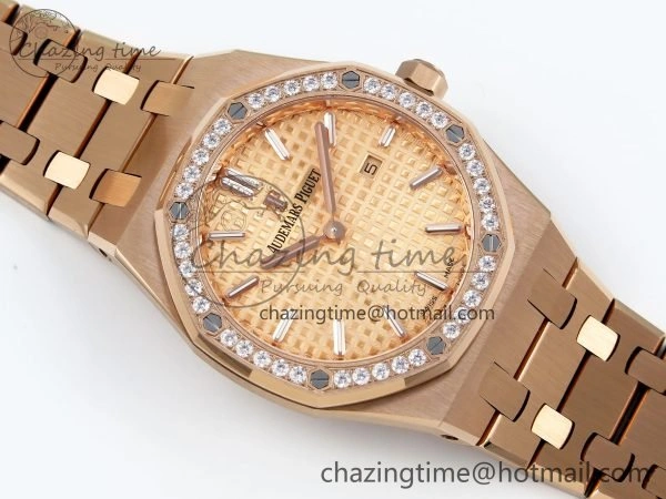 Lady Royal Oak 33mm 67651 Diamonds Bezel RG ZF 1:1 Best Edition RG Textured Dial on RG Bracelet RONDA Quartz WellDesigned 10085