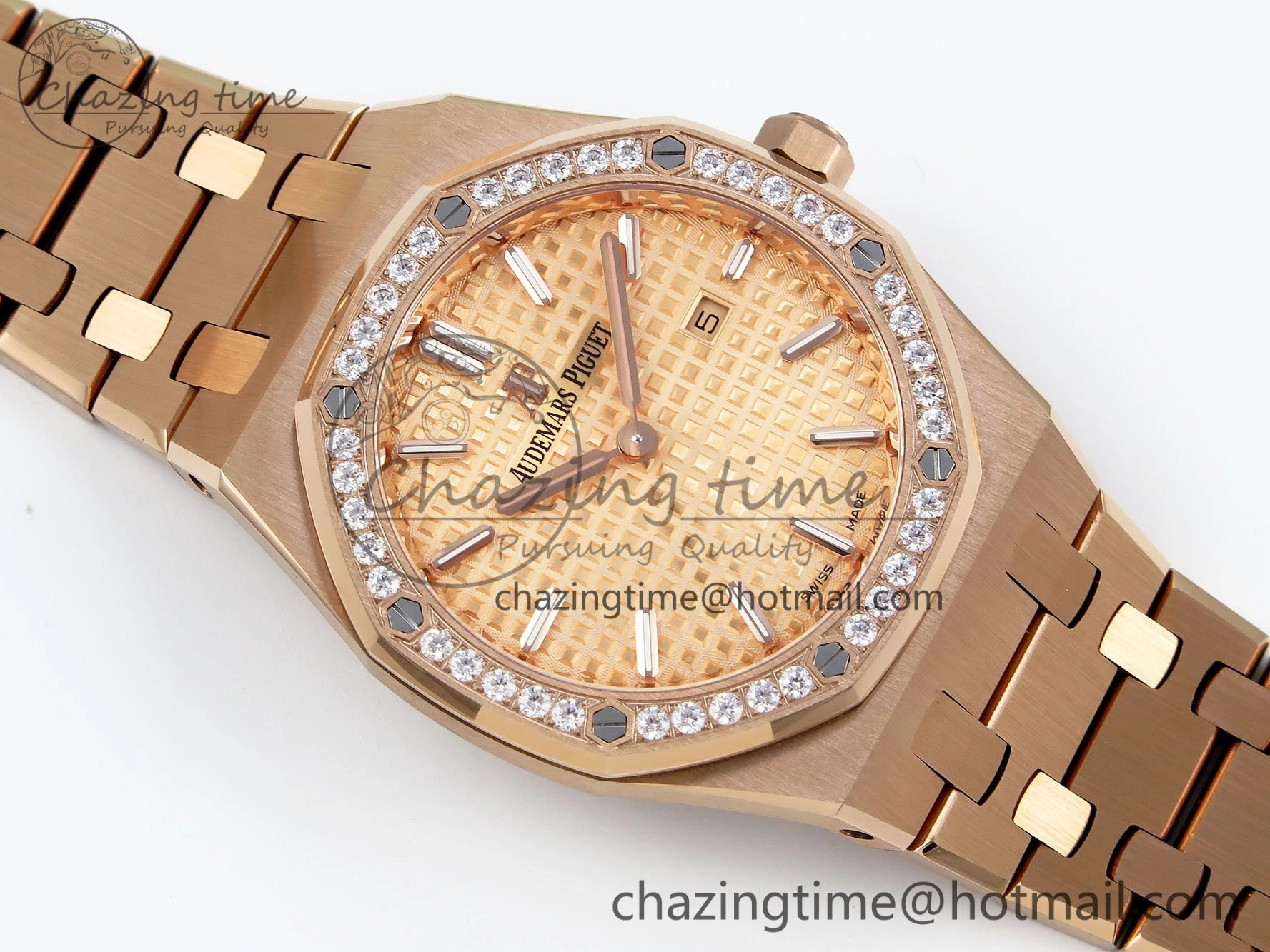 Lady Royal Oak 33mm 67651 Diamonds Bezel RG ZF 1:1 Best Edition RG Textured Dial on RG Bracelet RONDA Quartz WellDesigned 10085