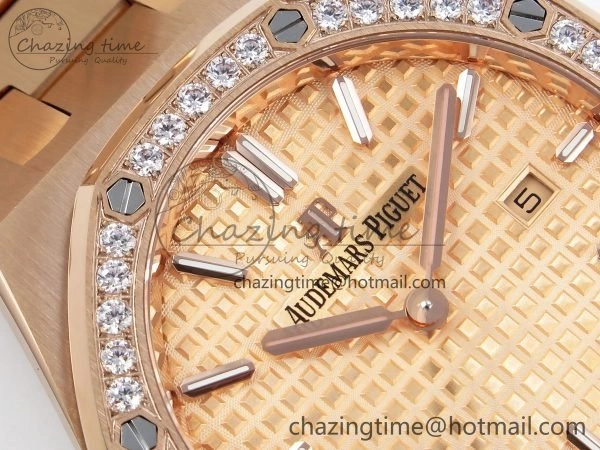 Lady Royal Oak 33mm 67651 Diamonds Bezel RG ZF 1:1 Best Edition RG Textured Dial on RG Bracelet RONDA Quartz WellDesigned 10085