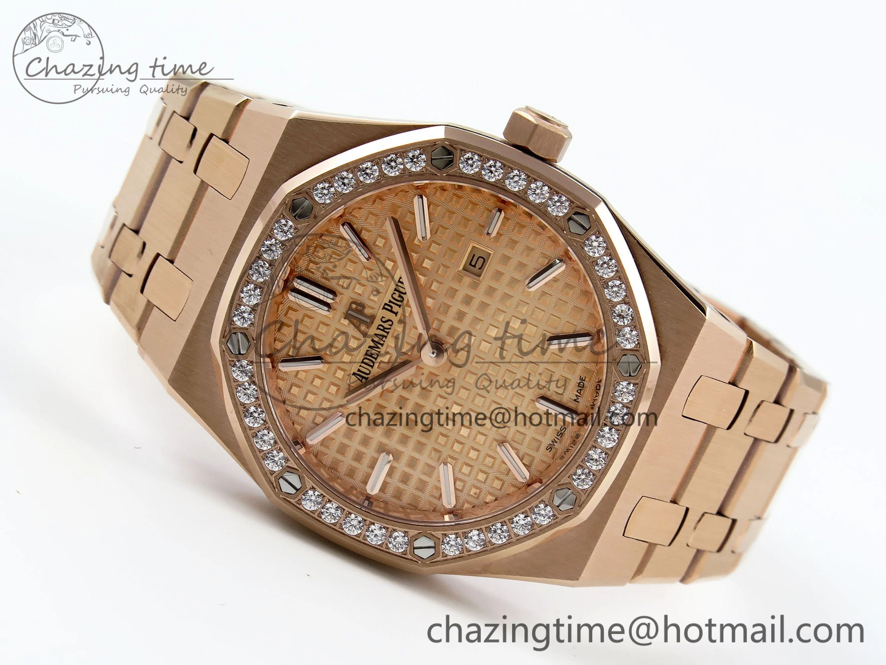 Lady Royal Oak 33mm 67651 Diamonds Bezel RG ZF 1:1 Best Edition RG Textured Dial on RG Bracelet RONDA Quartz WellDesigned 10085