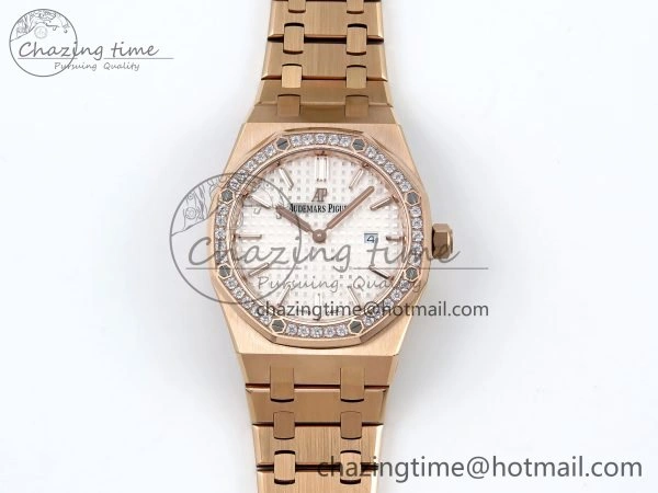 Trendsetting Lady Royal Oak 33mm 67651 Diamonds Bezel RG ZF 1:1 Best Edition White Textured Dial on RG Bracelet RONDA Quartz 4472