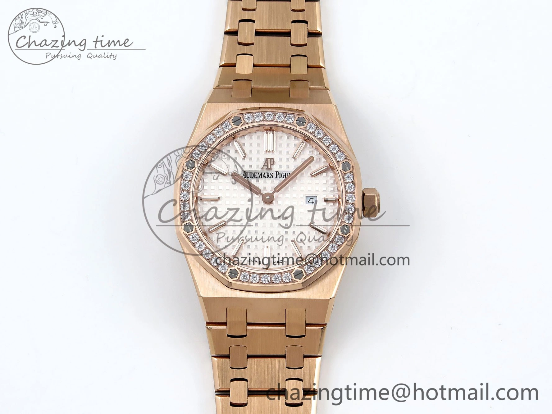 Trendsetting Lady Royal Oak 33mm 67651 Diamonds Bezel RG ZF 1:1 Best Edition White Textured Dial on RG Bracelet RONDA Quartz 4472