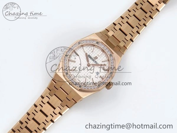 Trendsetting Lady Royal Oak 33mm 67651 Diamonds Bezel RG ZF 1:1 Best Edition White Textured Dial on RG Bracelet RONDA Quartz 4472