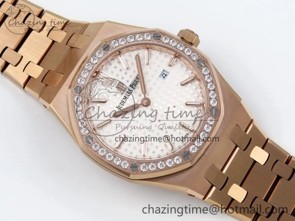 Trendsetting Lady Royal Oak 33mm 67651 Diamonds Bezel RG ZF 1:1 Best Edition White Textured Dial on RG Bracelet RONDA Quartz 4472