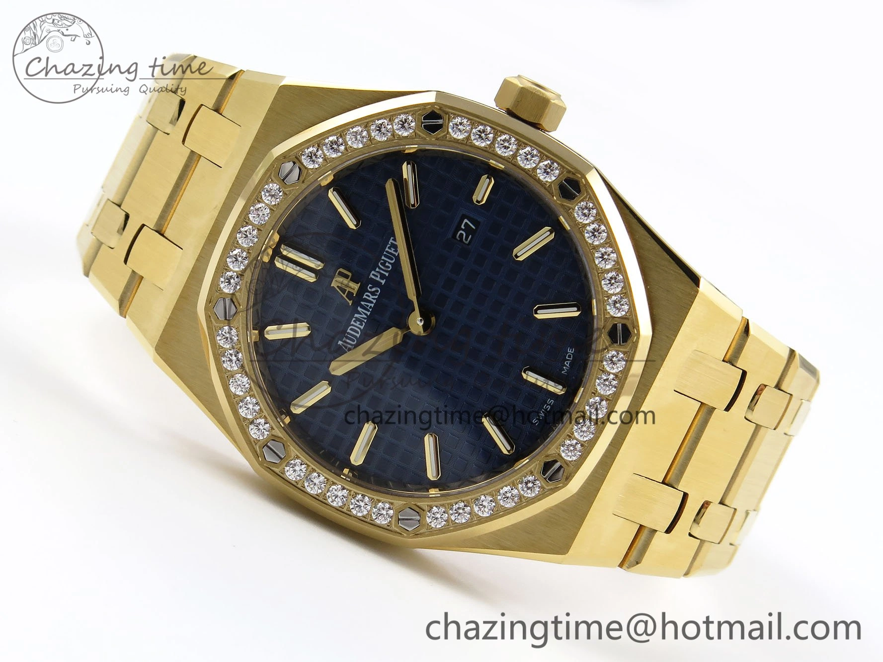 Lady Royal Oak 33mm 67651 Diamonds Bezel YG ZF 1:1 Best Edition Blue Textured Dial on YG Bracelet RONDA Quartz Efficient 4478