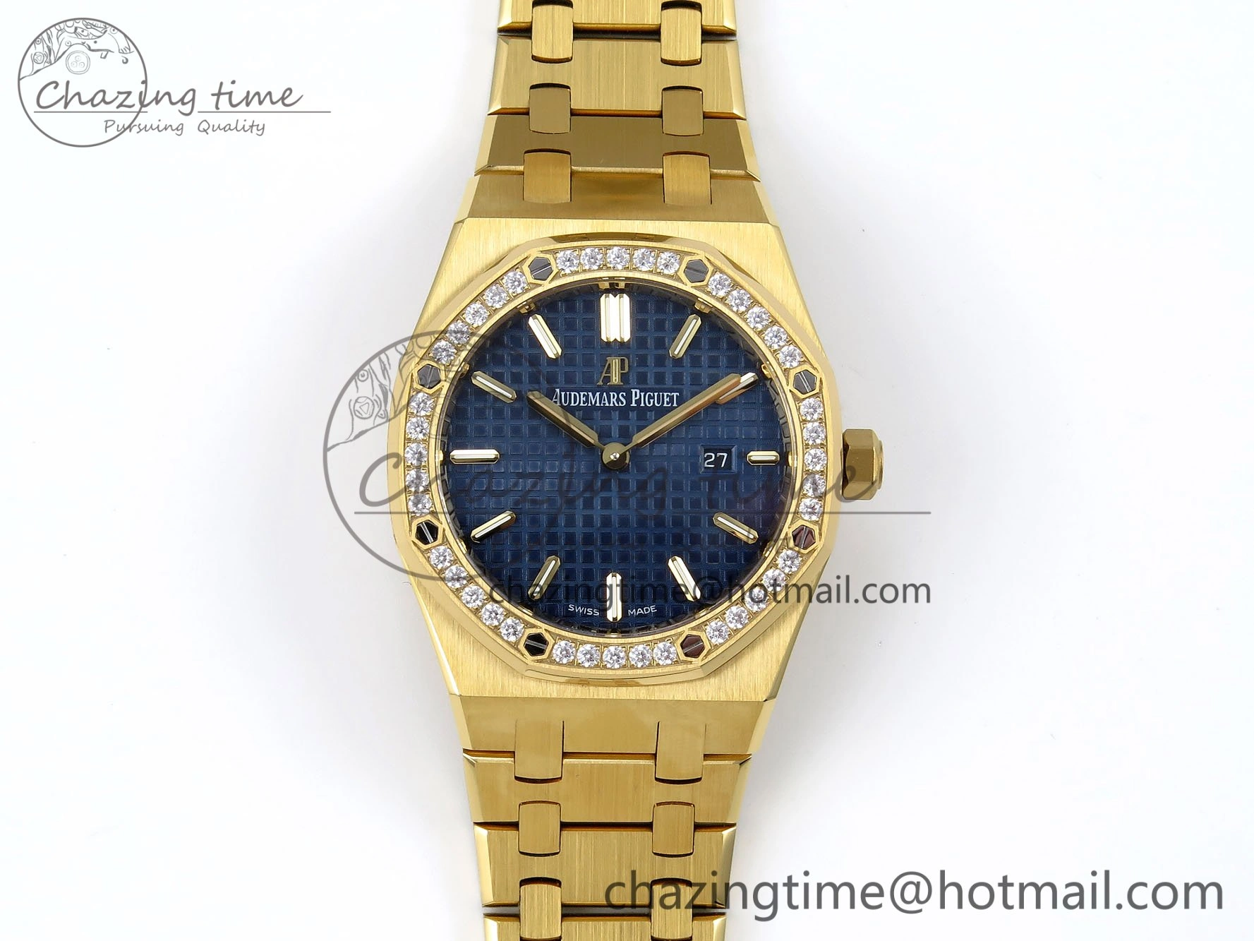 Lady Royal Oak 33mm 67651 Diamonds Bezel YG ZF 1:1 Best Edition Blue Textured Dial on YG Bracelet RONDA Quartz Efficient 4478