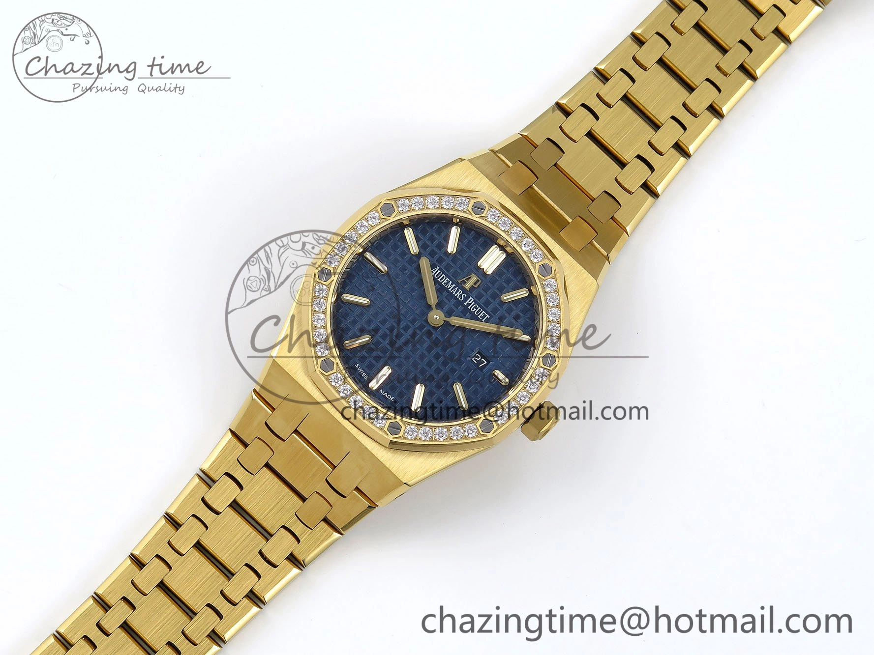 Lady Royal Oak 33mm 67651 Diamonds Bezel YG ZF 1:1 Best Edition Blue Textured Dial on YG Bracelet RONDA Quartz Efficient 4478