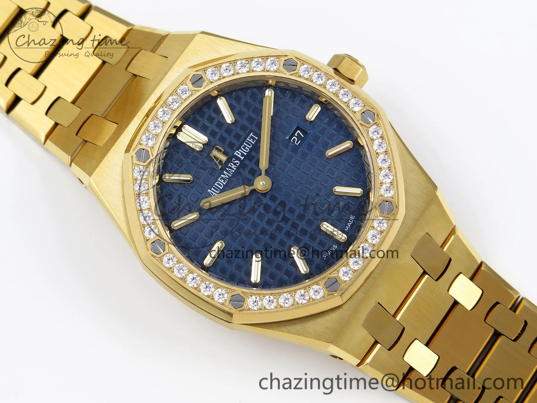 Lady Royal Oak 33mm 67651 Diamonds Bezel YG ZF 1:1 Best Edition Blue Textured Dial on YG Bracelet RONDA Quartz Efficient 4478