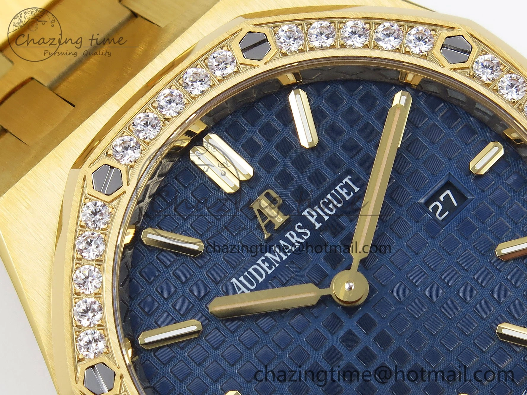 Lady Royal Oak 33mm 67651 Diamonds Bezel YG ZF 1:1 Best Edition Blue Textured Dial on YG Bracelet RONDA Quartz Efficient 4478