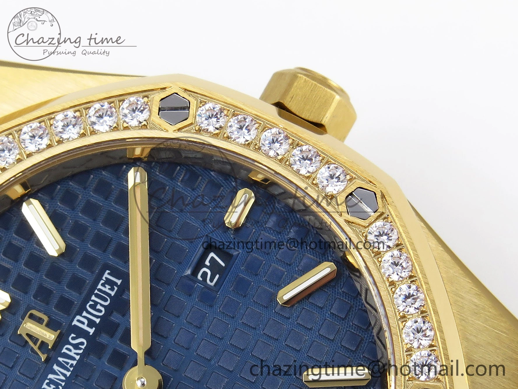 Lady Royal Oak 33mm 67651 Diamonds Bezel YG ZF 1:1 Best Edition Blue Textured Dial on YG Bracelet RONDA Quartz Efficient 4478