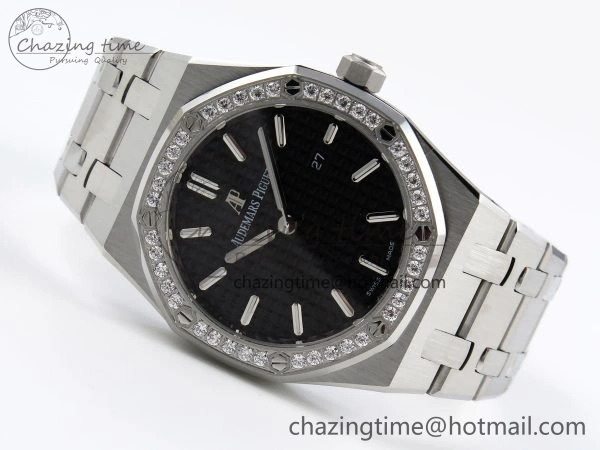 Lady Royal Oak 33mm 67651 Diamonds SS ZF 1:1 Best Edition Black Textured Dial on SS Bracelet RONDA Quartz Elegant 10095
