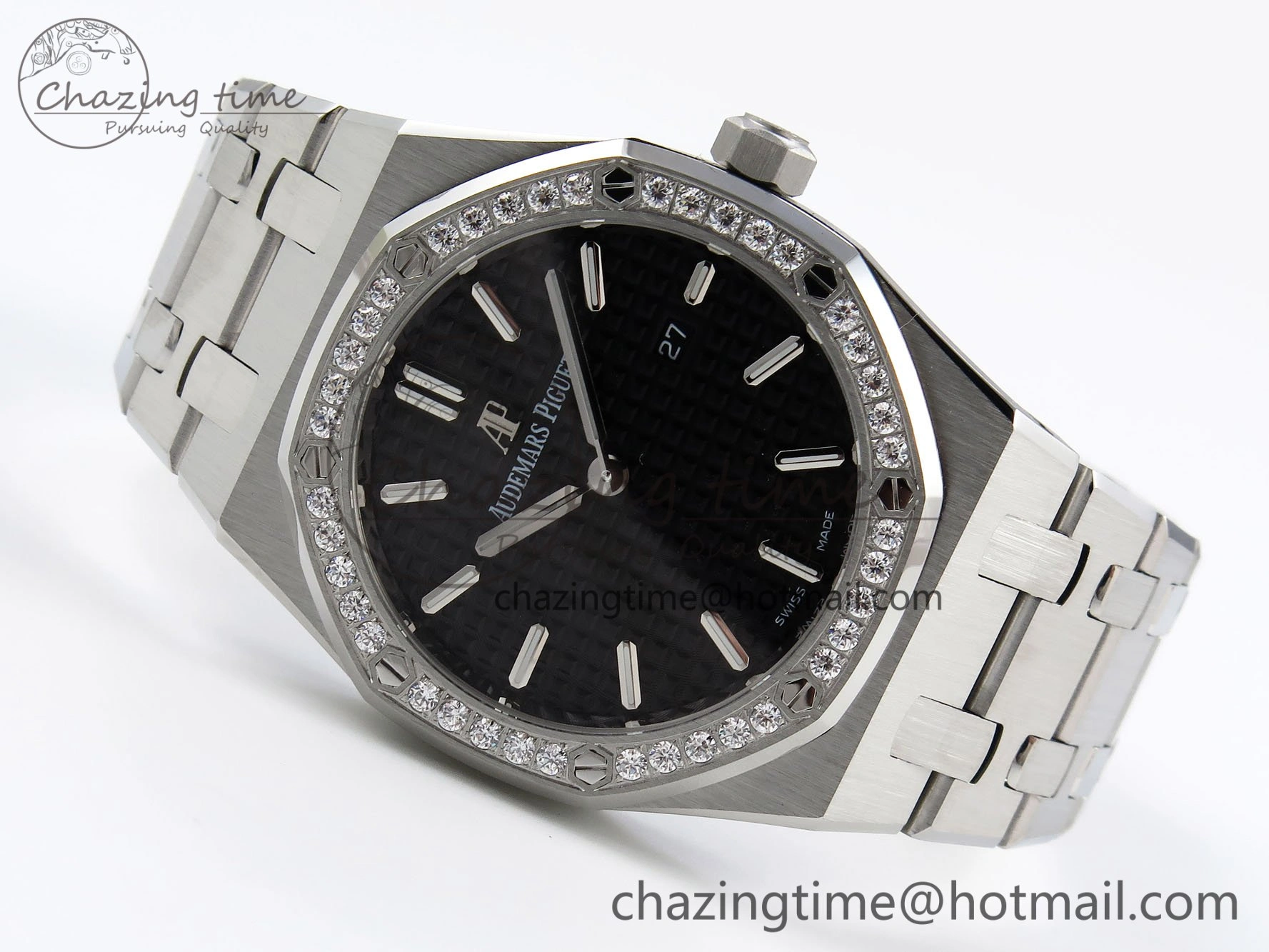 Lady Royal Oak 33mm 67651 Diamonds SS ZF 1:1 Best Edition Black Textured Dial on SS Bracelet RONDA Quartz Elegant 10095