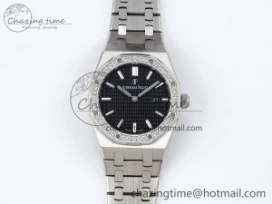 Lady Royal Oak 33mm 67651 Diamonds SS ZF 1:1 Best Edition Black Textured Dial on SS Bracelet RONDA Quartz Elegant 10095