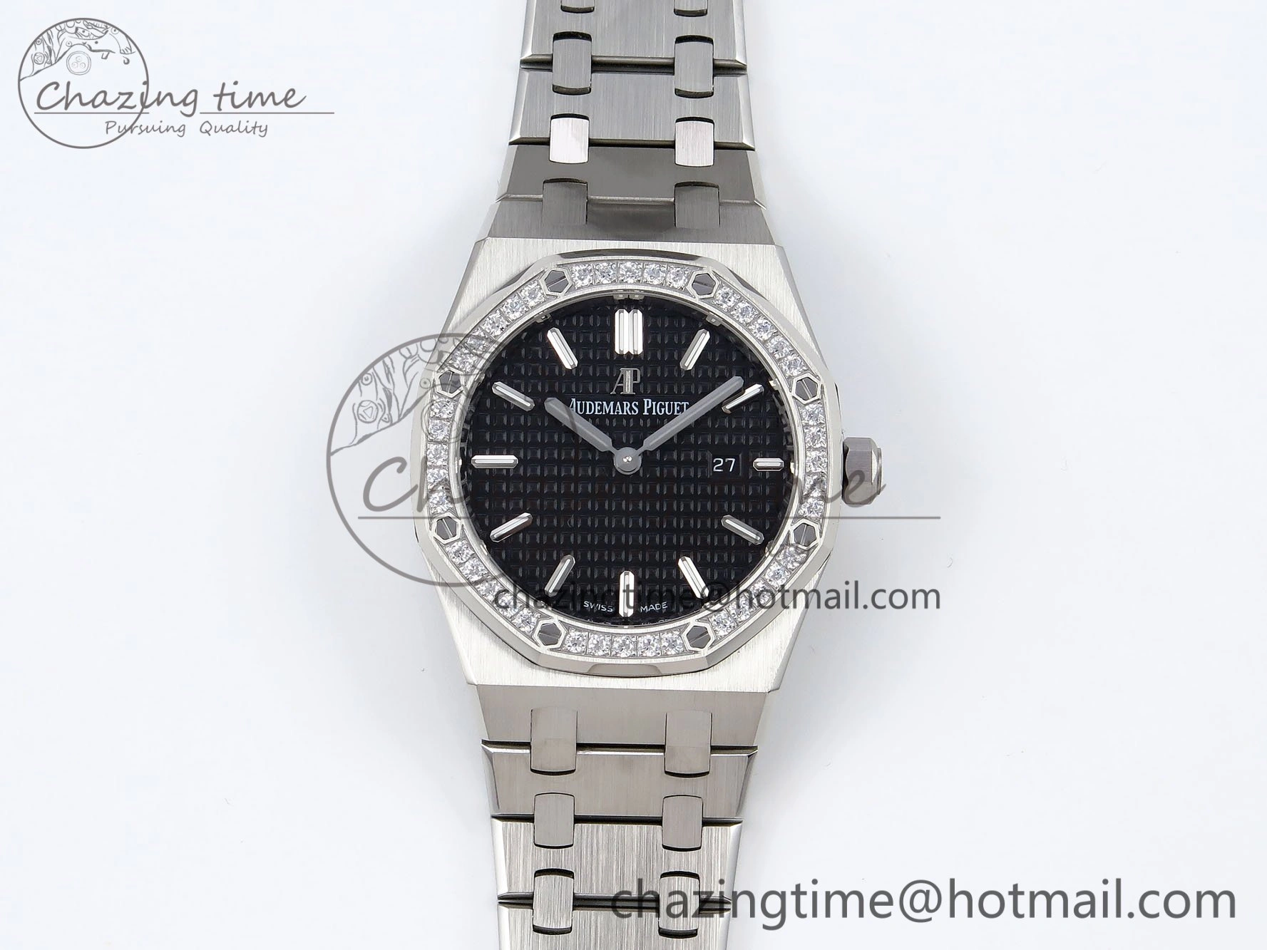 Lady Royal Oak 33mm 67651 Diamonds SS ZF 1:1 Best Edition Black Textured Dial on SS Bracelet RONDA Quartz Elegant 10095