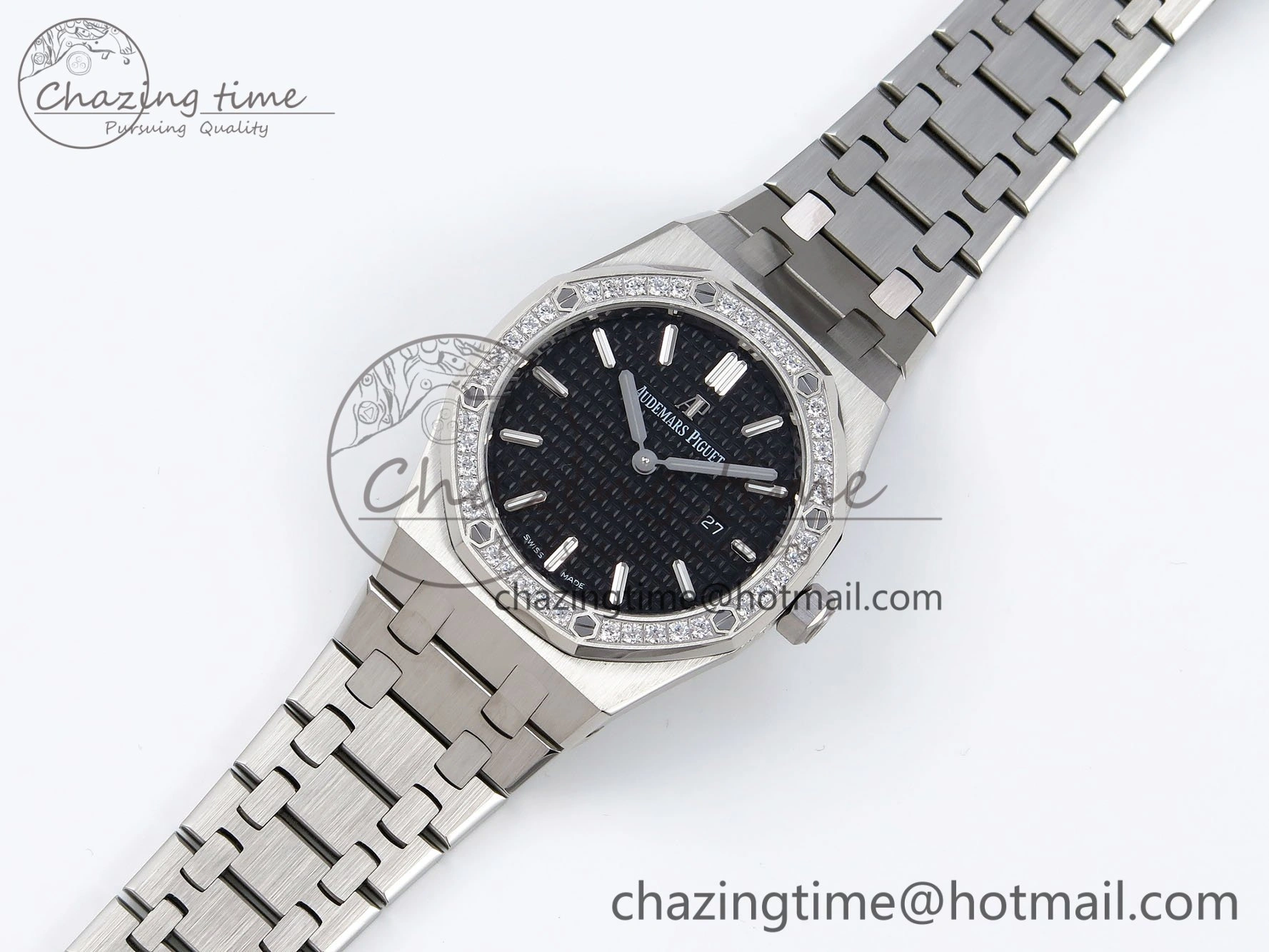 Lady Royal Oak 33mm 67651 Diamonds SS ZF 1:1 Best Edition Black Textured Dial on SS Bracelet RONDA Quartz Elegant 10095