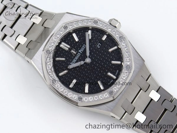 Lady Royal Oak 33mm 67651 Diamonds SS ZF 1:1 Best Edition Black Textured Dial on SS Bracelet RONDA Quartz Elegant 10095